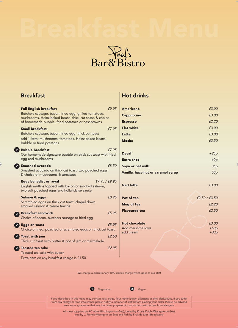 Pauls Bar and Bistro Breakfast & Hot Drinks Menu