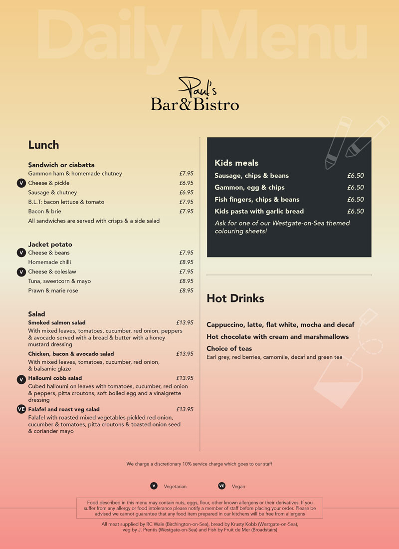 Pauls Bar and Bistro Breakfast & Hot Drinks Menu