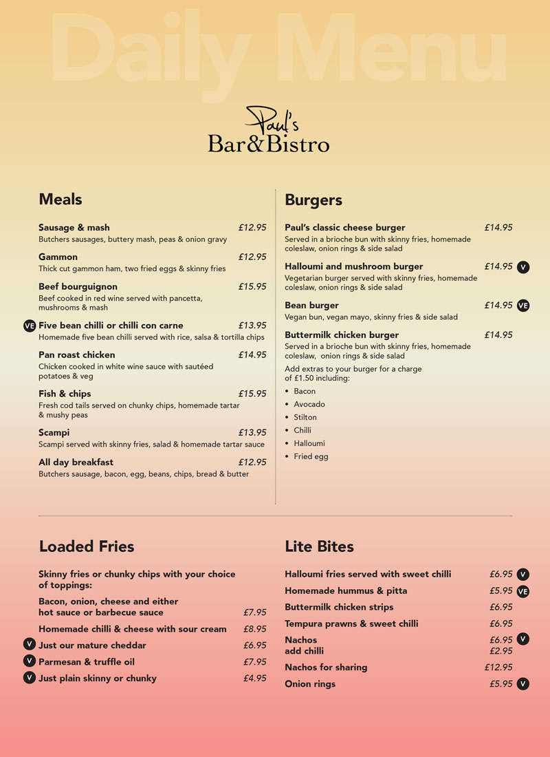 Pauls Bar and Bistro Breakfast & Hot Drinks Menu