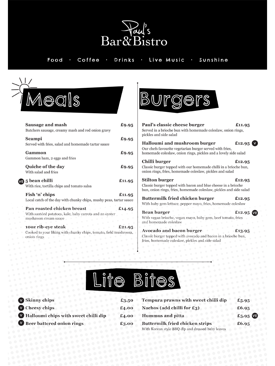Pauls Bar and Bistro Lunch Menu